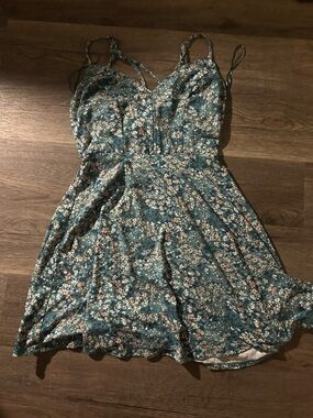 nine britton Teal Floral Mini Dress with Spaghetti Straps